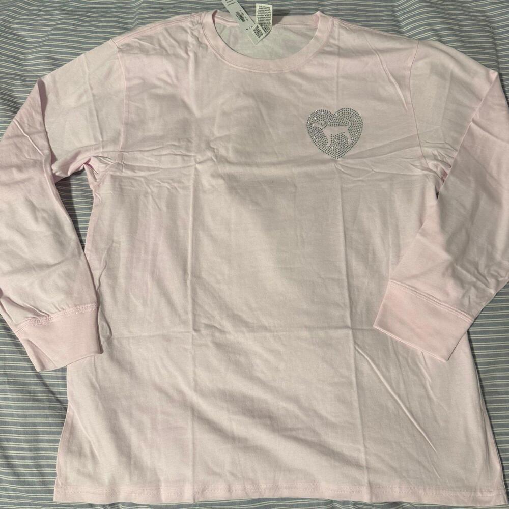 VS PINK LOVE PINK CAMPUS LONG SLEEVE TEE & BLING/RHINESTONES LOGO